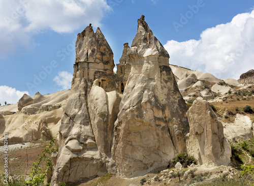 Stone houses in the ancient rocks of Goreme, Cappadocia, Turkey. Rural way of life.