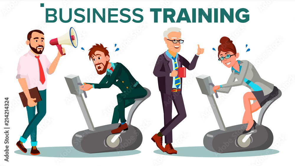 Business People Training Concept Vector. Businessman, Woman Running On Exercise Bike. Office Worker. Hard Working. Teacher Shows Way. Suit. Seminar. Reporting, Training Staff. Isolated Illustration
