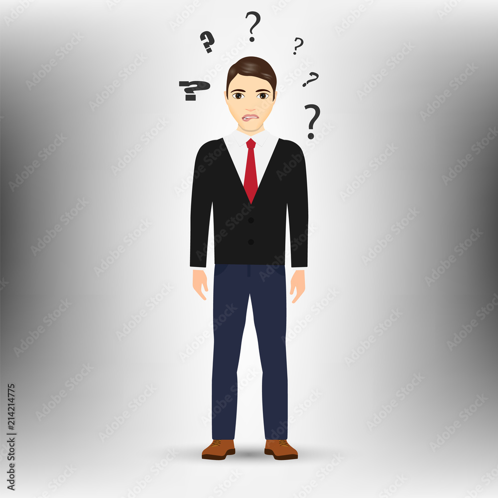 Thinking man with question mark isolated on white background. Vector illustration.