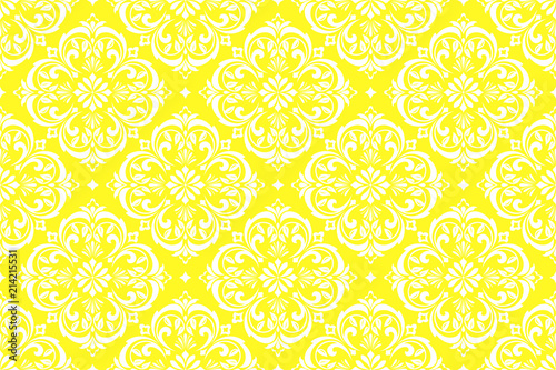 Wallpaper in the style of Baroque. Seamless vector background. White and yellow floral ornament. Graphic pattern for fabric, wallpaper, packaging. Ornate Damask flower ornament