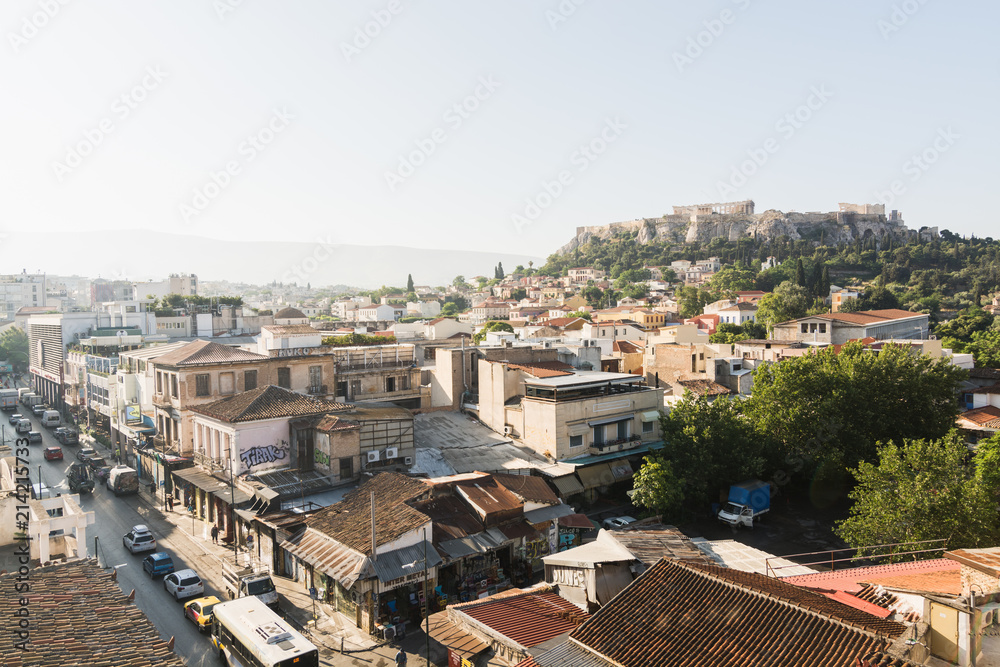 The cityscape of Athens with Parthenon on background
