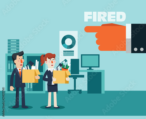 Dismissed frustrated business person holding a box with his things. Angry boss firing employee. Unemployment, crisis, jobless and employee job reduction concept vector design