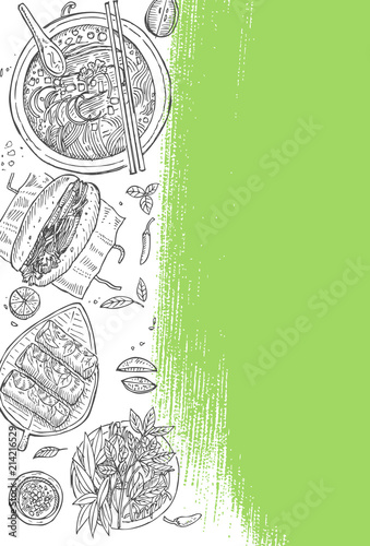 Vietnamese food flyer design. Linear graphic. Vector illustration. Engraved style.