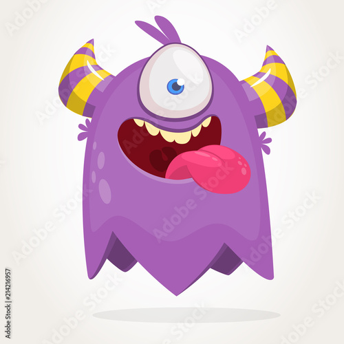 Cute cartoon monster  with horns with one eye. Smiling monster emotion with big mouth. Halloween vector illustration