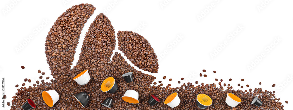 Kaffeebohnen mit Kaffeekapseln - Panorama - obrazy, fototapety, plakaty 