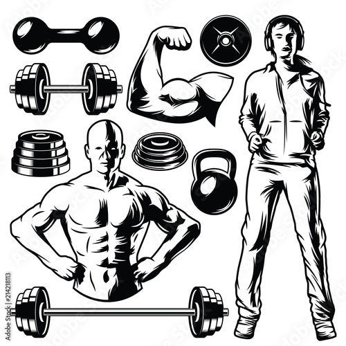Isolated Isolated illusrtation of fitness girl, mighty men, dumbbell, weight, barbell and muscle hand