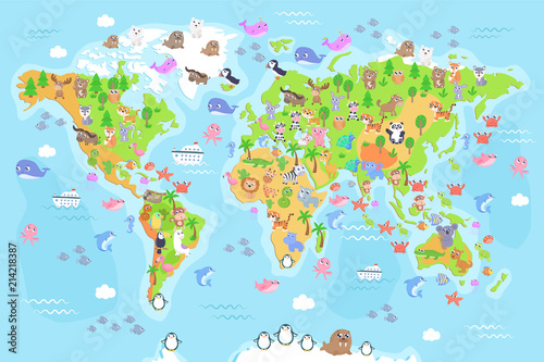 Vector illustration of world map with animals for kids. Flat design.