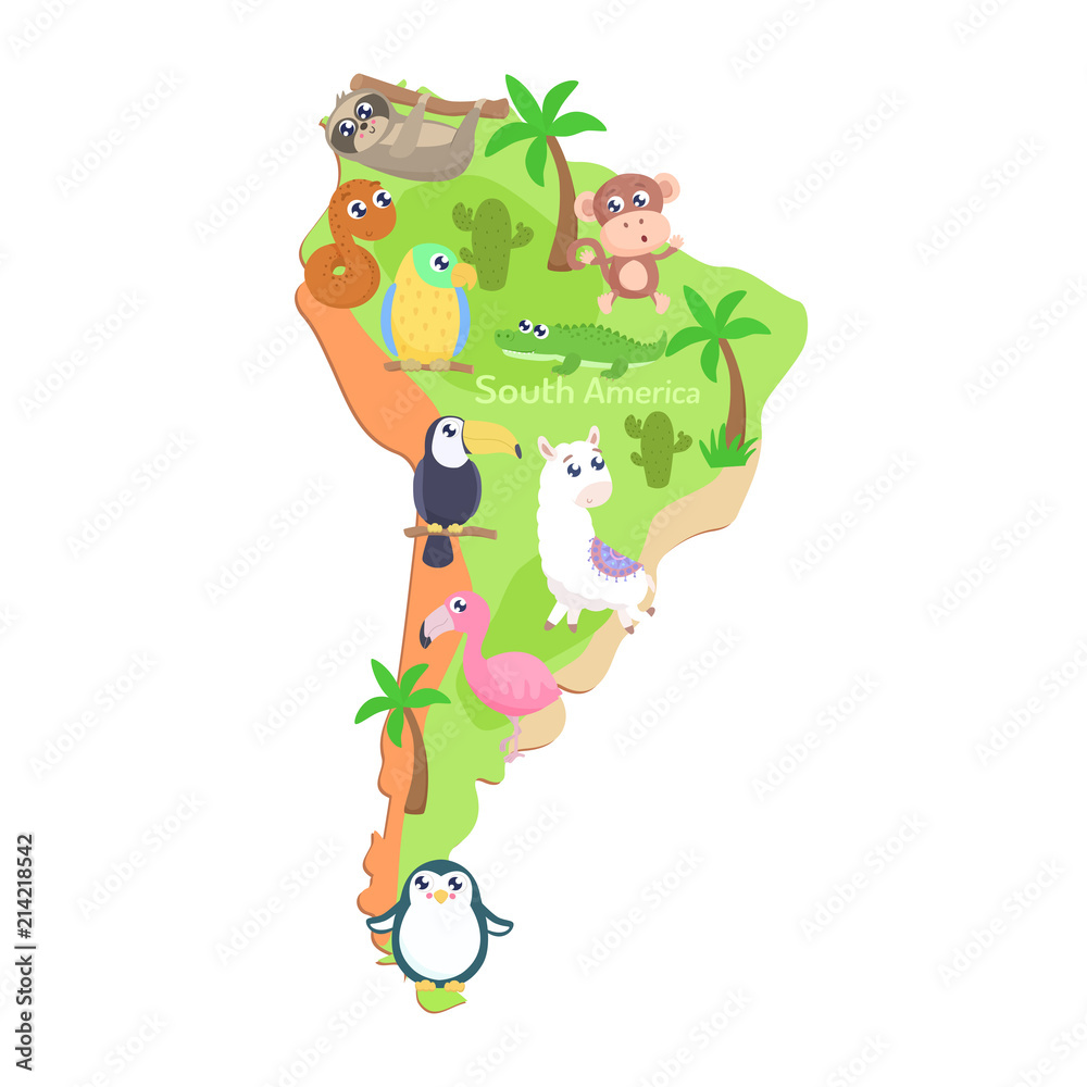 Map of South America with cartoon animals for kids. Flat design. Stock  Vector | Adobe Stock