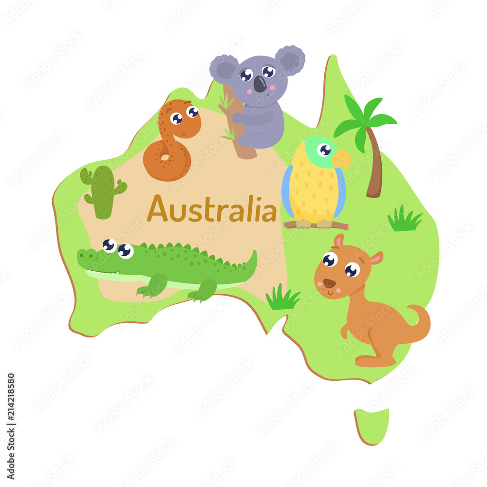 Obraz premium Map of Australia with cartoon animals for kids.