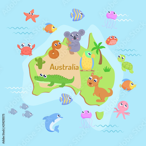 Map of Australia with cartoon animals for kids.