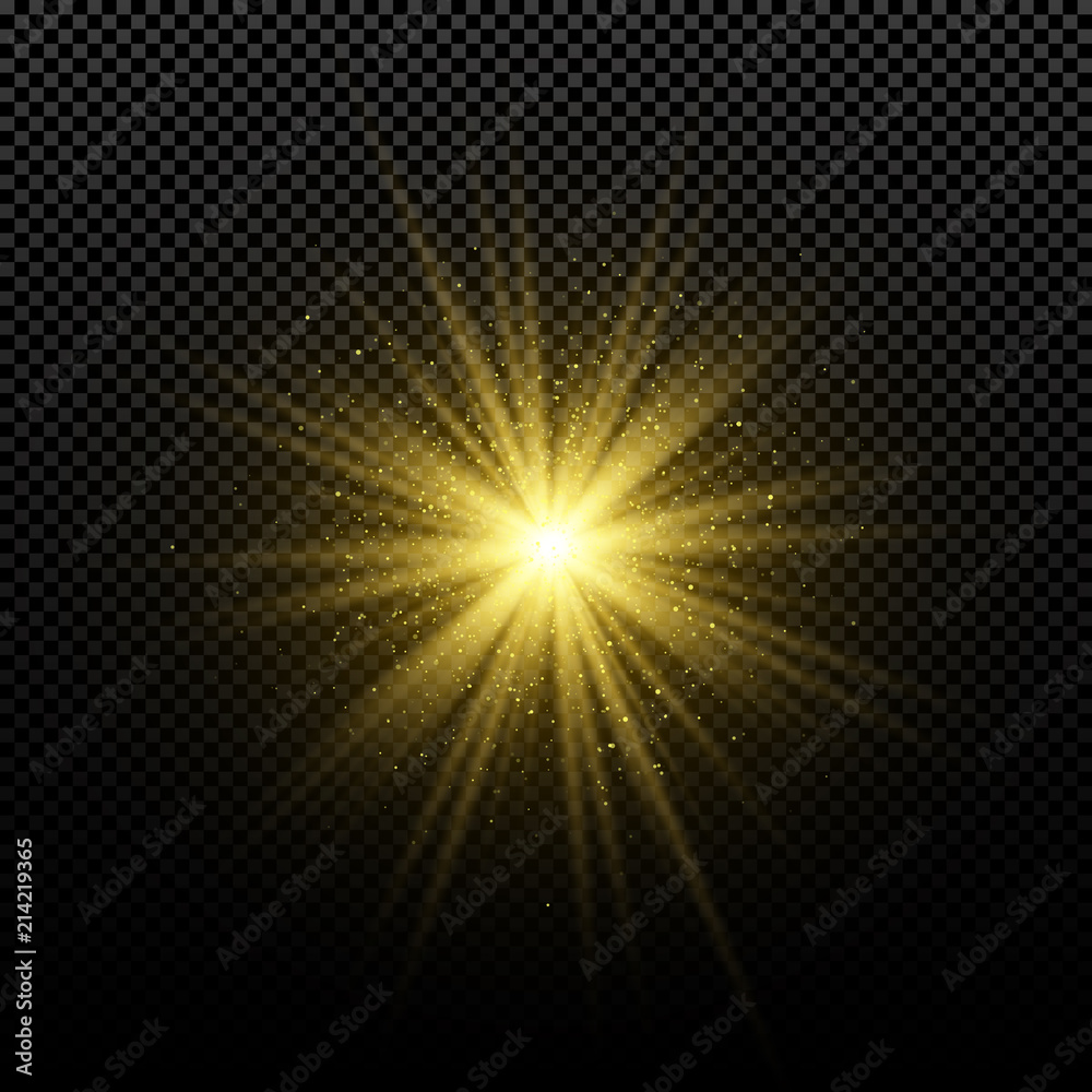 Golden glowing golden star on a transparent background. Glowing magical star. Bright flares. Gold rays. Magic explosion. Christmas star. Vector illustration