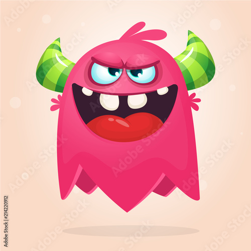 Happy cartoon monster. Vector Halloween pink furry monster 