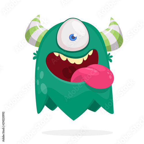 Cute cartoon monster  with horns with one eye. Smiling monster emotion with big mouth. Halloween vector illustration