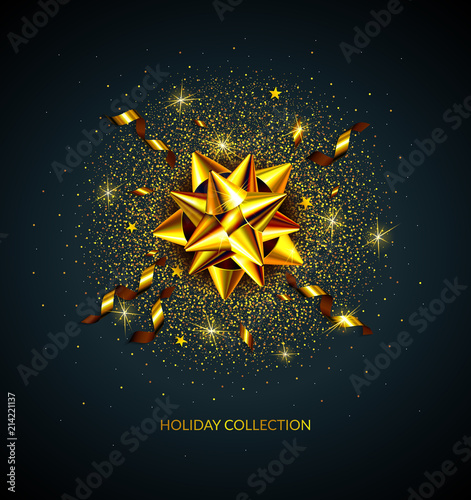 Abstract vector holiday background. Gold ribbon, golden bow, stars, serpentines and confetti isolated on black background. Xmas, birthday, wedding and new year eve decoration. Illustration. Eps10