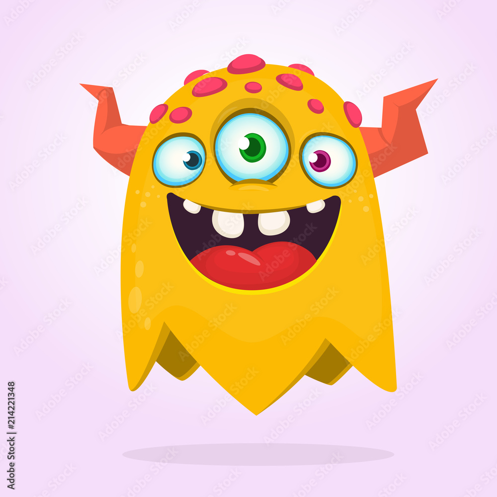 Green funny happy cartoon monster. Orange vector alien character with three  eyes. Halloween design Stock Vector | Adobe Stock