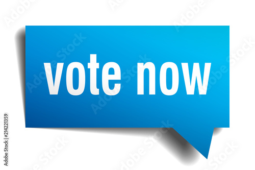 vote now blue 3d speech bubble