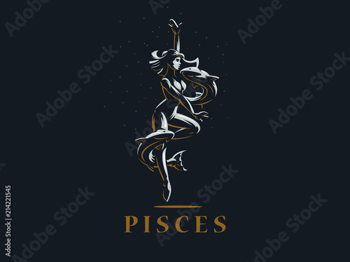 Sign of the Zodiac Pisces. A woman and two fish. Vector illustration.