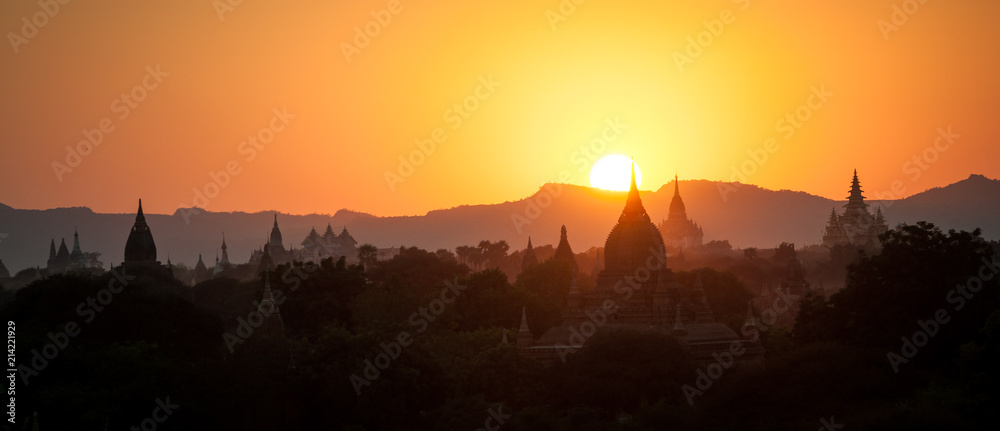 Pagoda silhouettes during a sunset in Bagan, Myanmar (Burma)