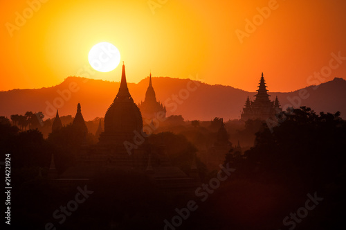 Pagoda silhouettes during a sunset in Bagan, Myanmar (Burma)