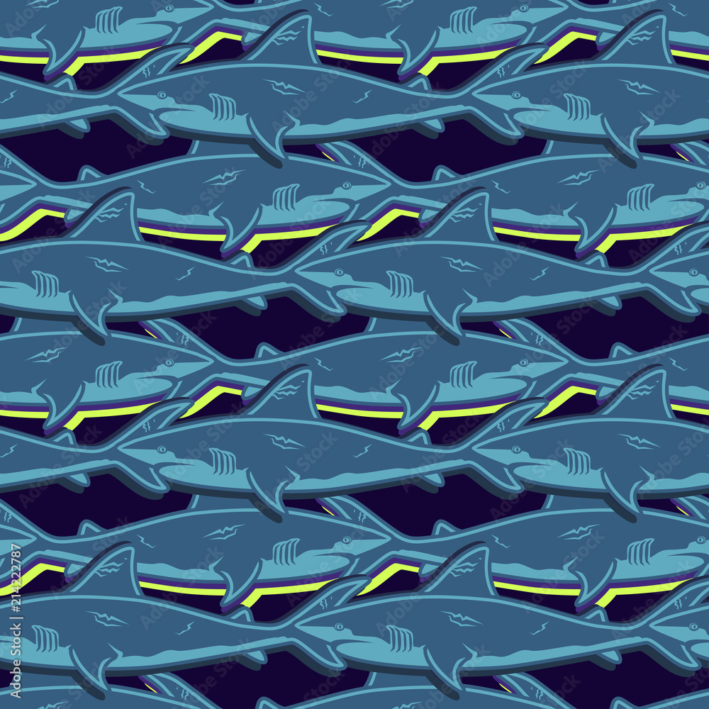 Obraz premium Abstract seamless vector underwater pattern for girls, boys, clothes. Creative background with sharks. Funny wallpaper for textile and fabric. Fashion style. Colorful bright