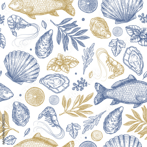 Seafood seamless pattern.  Fish, seashell, leaf, shrimp. Engraved vintage sea set. Vector illustration