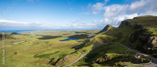 View at the Quiraing landslip during a sunny summer day on the Isle of Skye in Scotland
