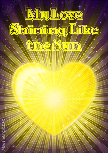 Love Symbol, Golden Shining Valentine Heart with Yellow Radial Rays on Black Background with Stars. Eps10, Contains Transparencies. Vector