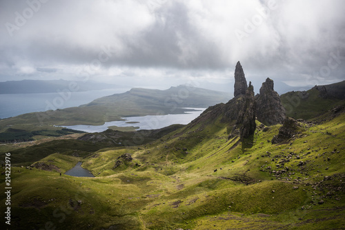 Old Man of Storr on the Isle of Skye with a sea in the background during a cloudy summer day in Scotland