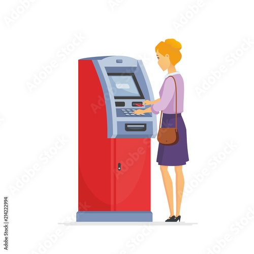 Young woman using ATM - cartoon people characters illustration