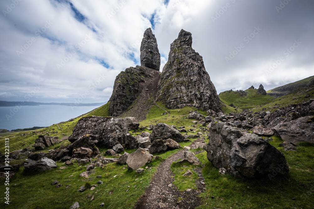 A dirt path to the Old Man of Storr on the Isle of Skye with a sea in the background during a cloudy summer day in Scotland