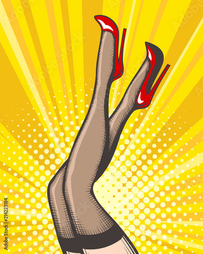 Pop Art female legs in stockings and red shoes