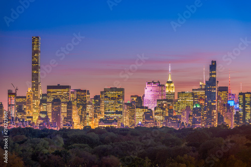 Canvas New York City skyline over Central Park at dusk.