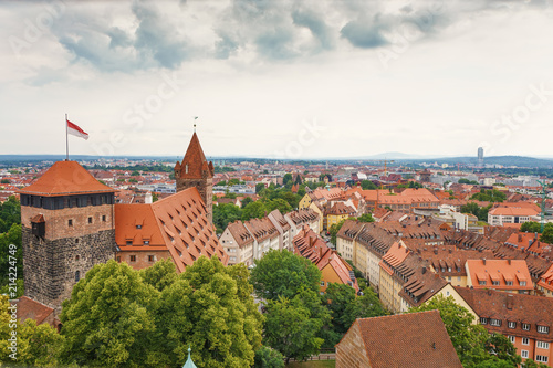 .Panoramic view from the tower of a medieval castle to the old town. Nuremberg. Germany.