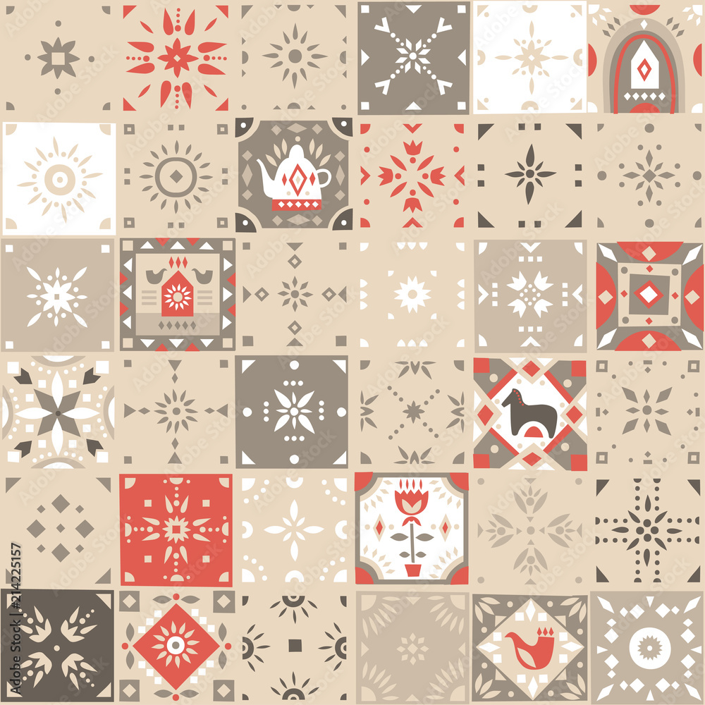 Vector seamless vintage pattern of square mosaic tiles with scandinavian ornaments. Beige, white, red palette.