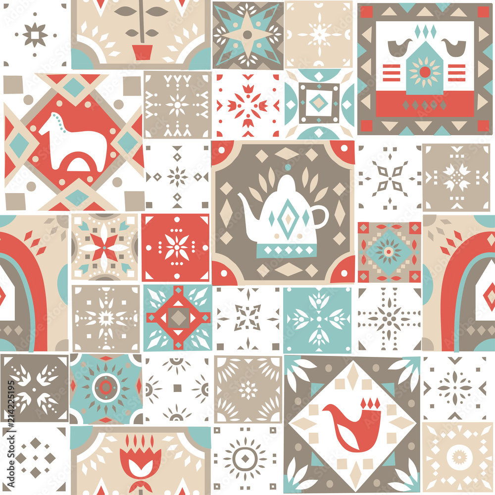 Vector seamless vintage pattern of square mosaic tiles with scandinavian ornaments. Beige, white, blue, red palette.