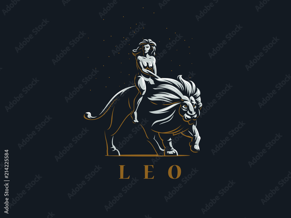 Sign of the zodiac Leo. A woman is riding a lion. Vector illustration. Sign of the zodiac Leo. A woman is riding a lion. Vector illustration.