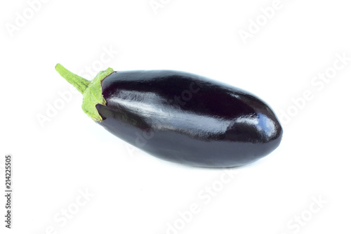 Fresh purple eggplant vegetable with stem. Whole aubergine, one vegetable, organic food ingredient, isolated on white