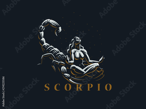 Sign of the zodiac Scorpio.  A woman meditates next to a scorpion. photo
