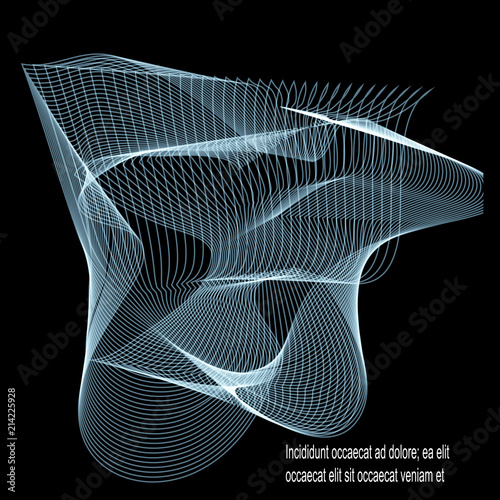 Fluffy, broad wave, the color is turquoise, the lines are light, the background is dark, black is an abstraction.