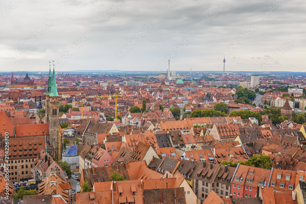 .Panoramic view from the tower of a medieval castle to the old town. Nuremberg. Germany.