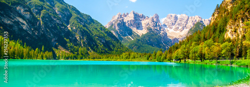 Turquoise water of Lago di Landro, Durrensee, and beautiful mountains of Dolomites, Italy.
