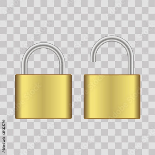 Realistic closed and opened gold padlock. Vector.