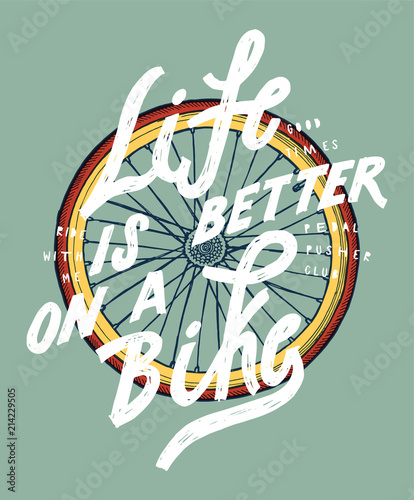 Life is better on a bike - blue tropical style bicycle wheel lettering print