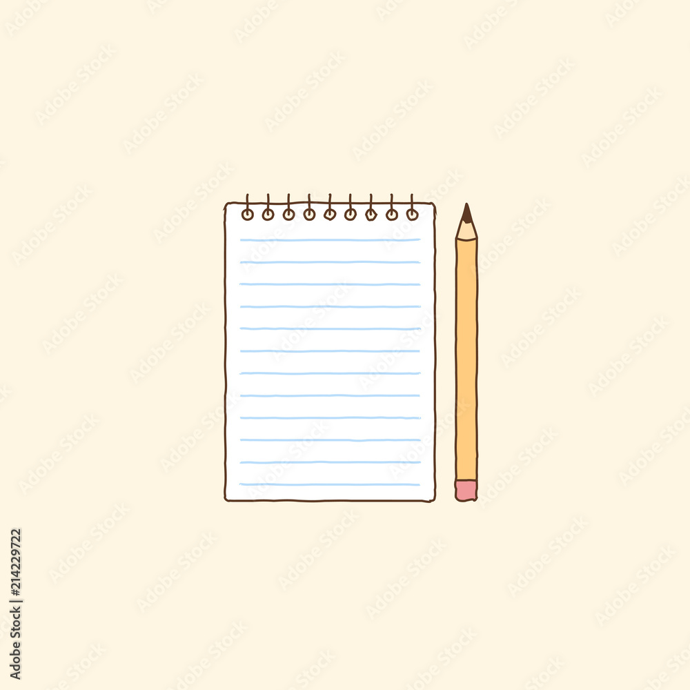 Notebook and yellow pencil. Hand drawn vector art illustration. Notebook and yellow pencil. Hand drawn vector art illustration.