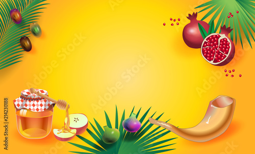 Rosh Hashanah greeting card Jewish New Year "Shana Tova!" on Hebrew. Honey, apple, shofar, pomegranate, Torah scroll banner. Rosh hashana, sukkot, vector