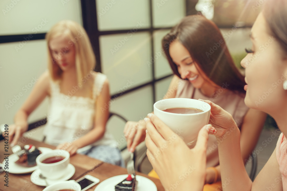 Two girl friends spend time together drinking coffee in the cafe, having breakfast and dessert. Two girl friends spend time together drinking coffee in the cafe, having breakfast and dessert.