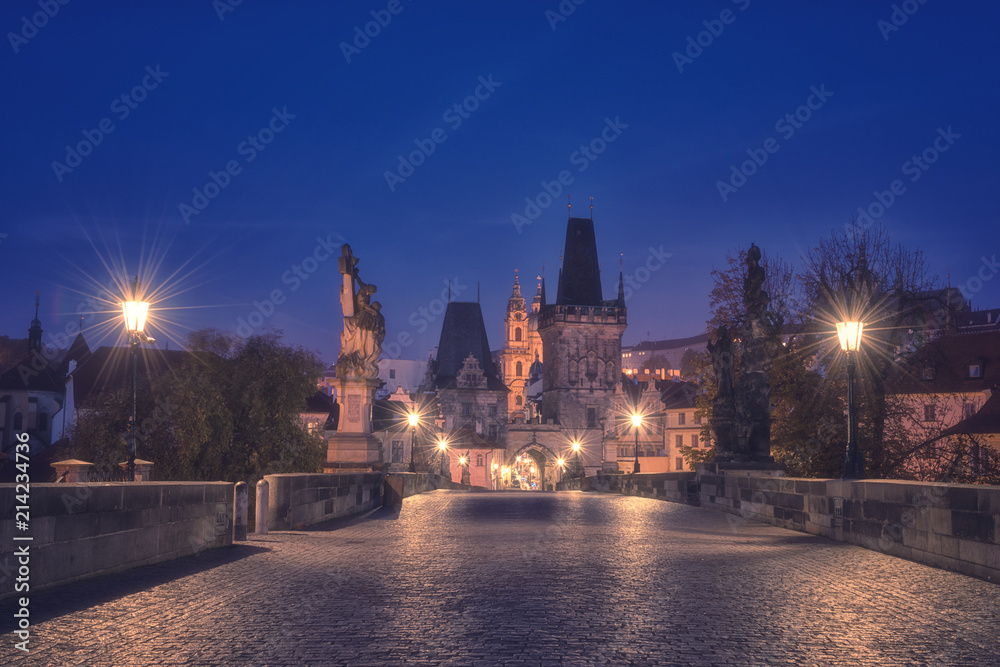 Charles bridge (Karluv most) at night, scenic view of the Lesser, Prague, Czech Republic