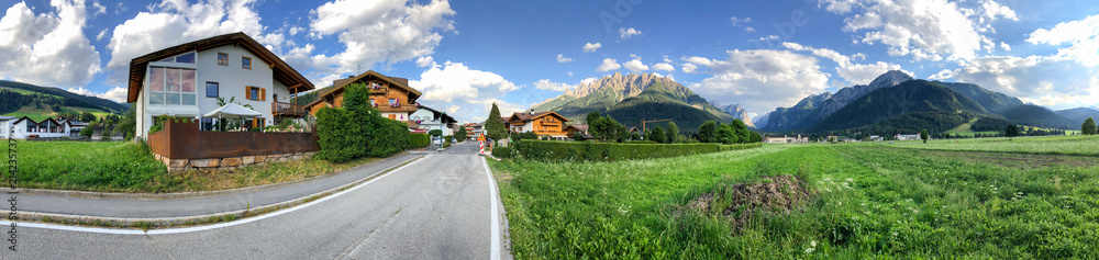 Panoramic view of Dobbiaco town and valley, Italian Dolomites