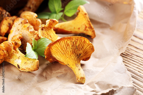 Mushrooms chanterelle on table. Raw wild mushrooms chanterelles. Composition with wild mushroom
