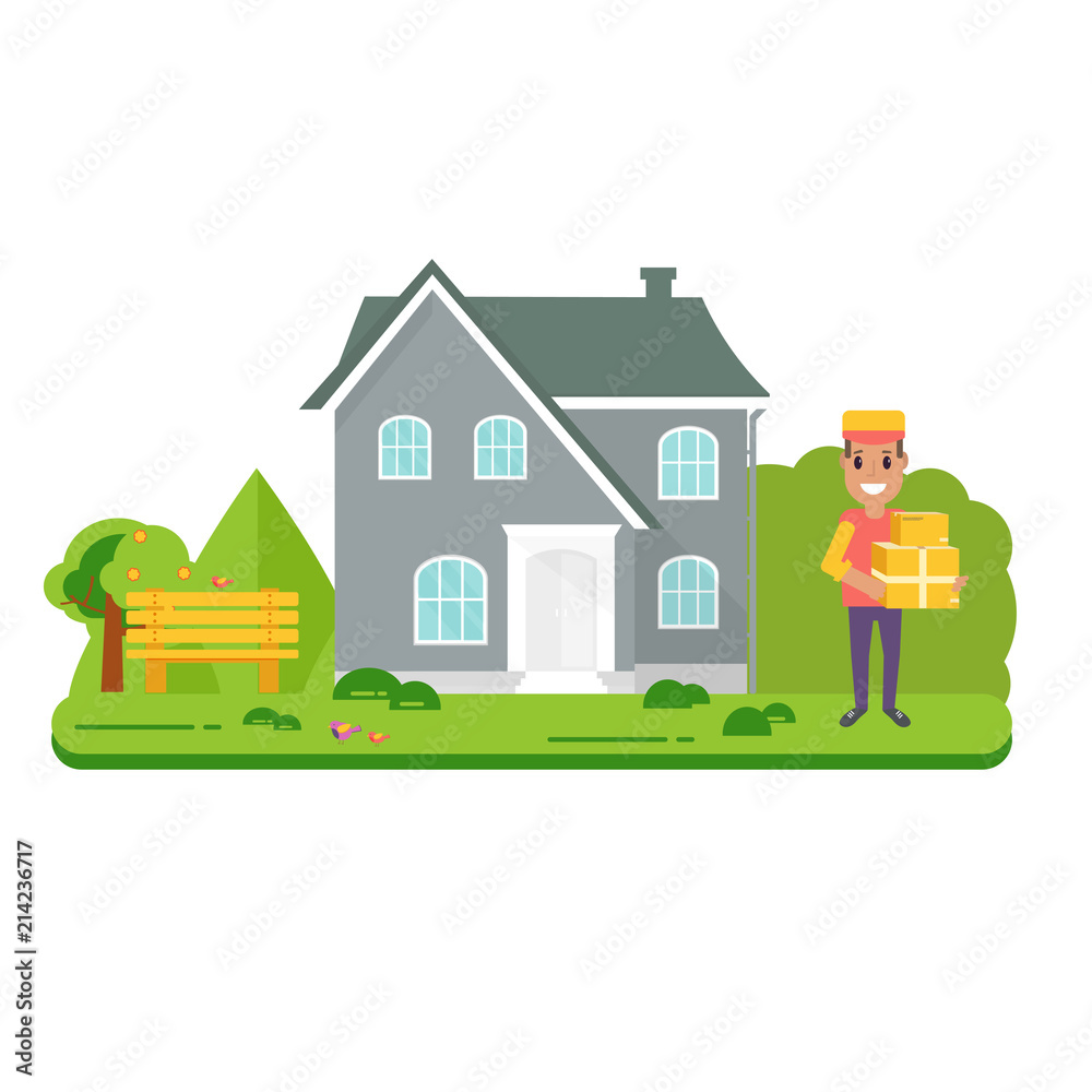 Logistics and delivery icon service isolated on white background: smiling couriers with packages, box, parcel, house, building. Logistics and delivery icon service isolated on white background: smiling couriers with packages, box, parcel, house, building.